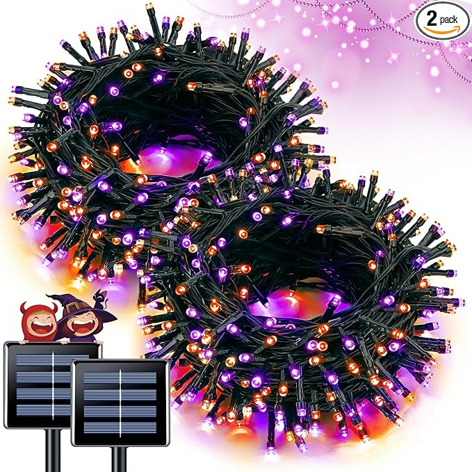 JMEXSUSS 2 Pack Solar Halloween Lights Orange and Purple, Total 200LED 66FT | Halloween Lights Outdoor Waterproof, 8 Modes Solar String Lights for Outside Patio Christmas Tree Yard Halloween Decor