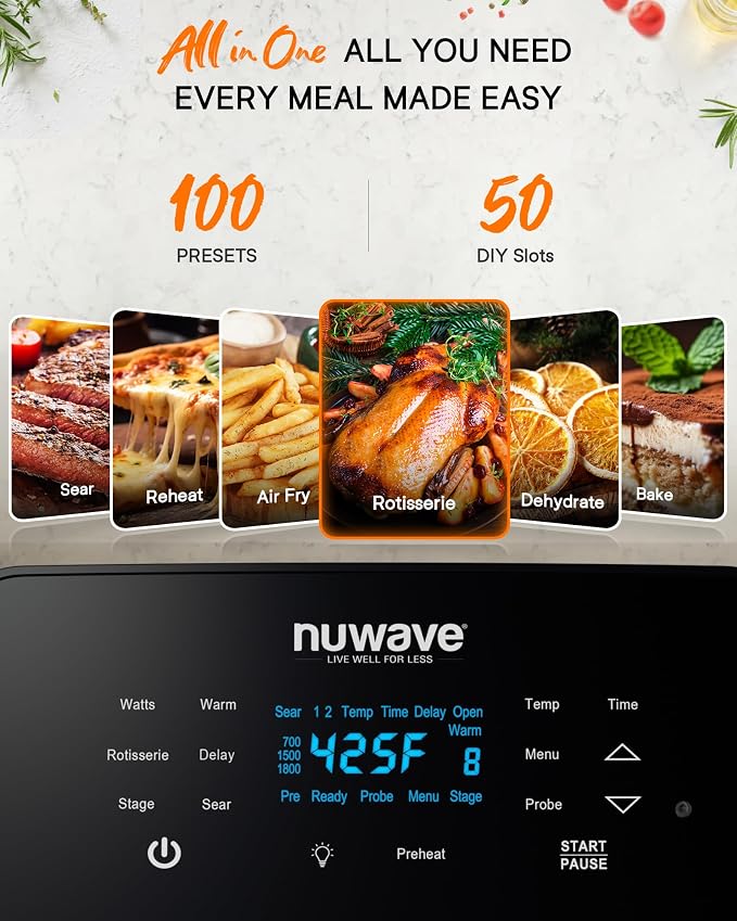 Nuwave Brio 15.5Qt Air Fryer Toaster Oven & Rotisserie Kit, Powerful 1800W | New Advanced Turbo Convection Tech, Healthy PFAS Free, Max Even & Crisp, 50-425°F, 150 Presets, Smart Probe, 4 Rack