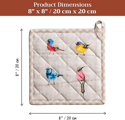 Maison d' Hermine Pot Holders 100% Cotton Heat Resistant Potholders 8" x 8" Hot Pads with Loop BBQ Cooking Baking Hotel Farmhouse Kitchen Handling Hot Pans Spring Summer (Pack of 2, Birdies on Wire)