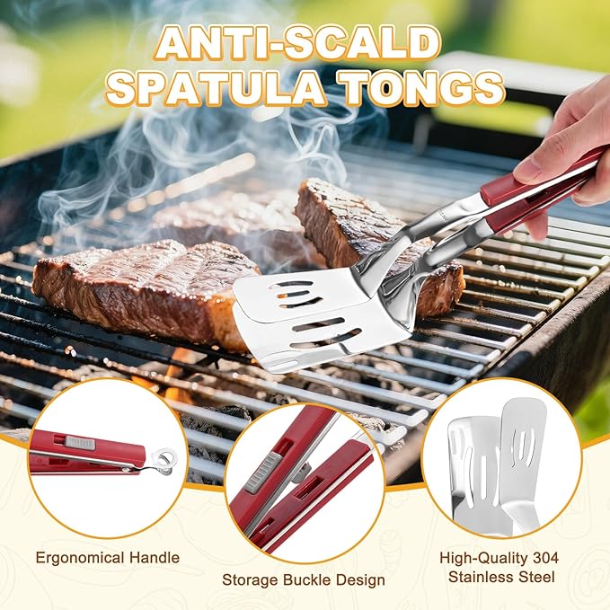 M METERXITY Spatula Tongs, 13.4 Inch 304 Stainless Steel Anti-Scald Extended Multifunctional Flipper Grill Clamp for Cooking/Barbecue, Kitchen Cooking Tongs [Red Handle, Silver Tone]