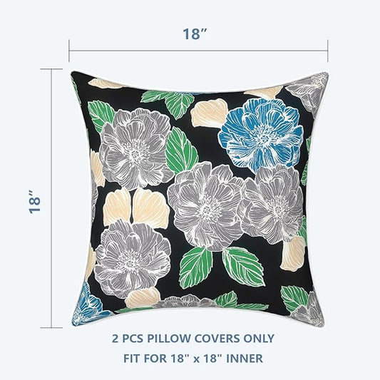 LVTXIII Outdoor Pillow Covers 18x18 Patio Waterproof Throw Pillow Cases Fade Resistant Accent Pillow Covers for Spring Summer Garden Decoration, Set of 2, Peony Garden