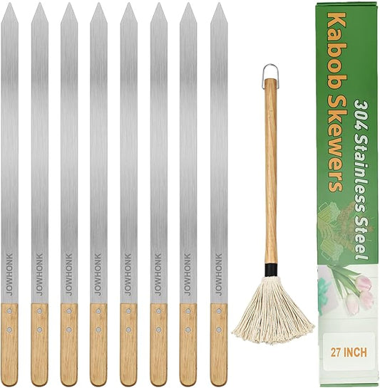 27 Inch Extra Long 1 Inch Wide Kabob Skewers for Grilling, Premium 304 Stainless Steel Barbecue Skewer with Wood Handle,Metal Flat Kebab Skewers include 8PCS BBQ Skewer,1PCS Grill Mop Brush