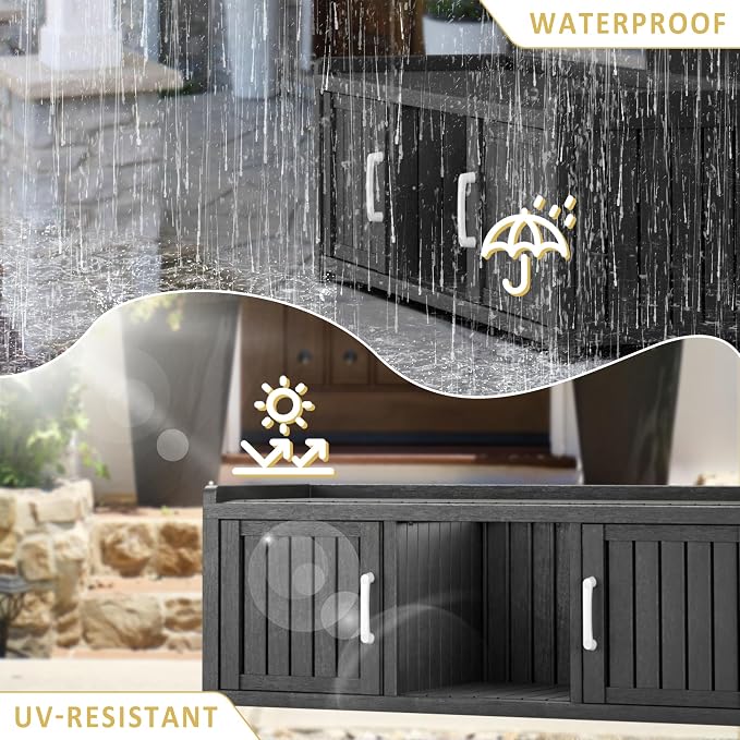Storage Bench - Waterproof Resin Shoe Bench with Adjustable Shelves - Indoor & Outdoor Use, 2 Doors Entryway Bench with Hidden Storage Space - Storage Cabinet for Bedroom, Hallway, Black
