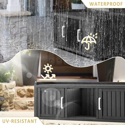 Storage Bench - Waterproof Resin Shoe Bench with Adjustable Shelves - Indoor & Outdoor Use, 2 Doors Entryway Bench with Hidden Storage Space - Storage Cabinet for Bedroom, Hallway, Black