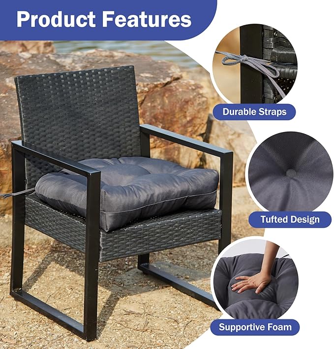 IPYNBAP Outdoor Chair Cushions Set of 2, Patio Chair Cushions with Ties, 17x17+4” Tufted Outdoor Seat Cushions, Waterproof Patio Furniture Cushions, Outdoor Dining Chair Pads, Dark Grey (Pack of 2)