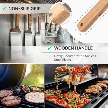 Professional Metal Spatula with Wooden Handle, Stainless Steel Griddle Scraper, Commercial Grade Pancake Flipper