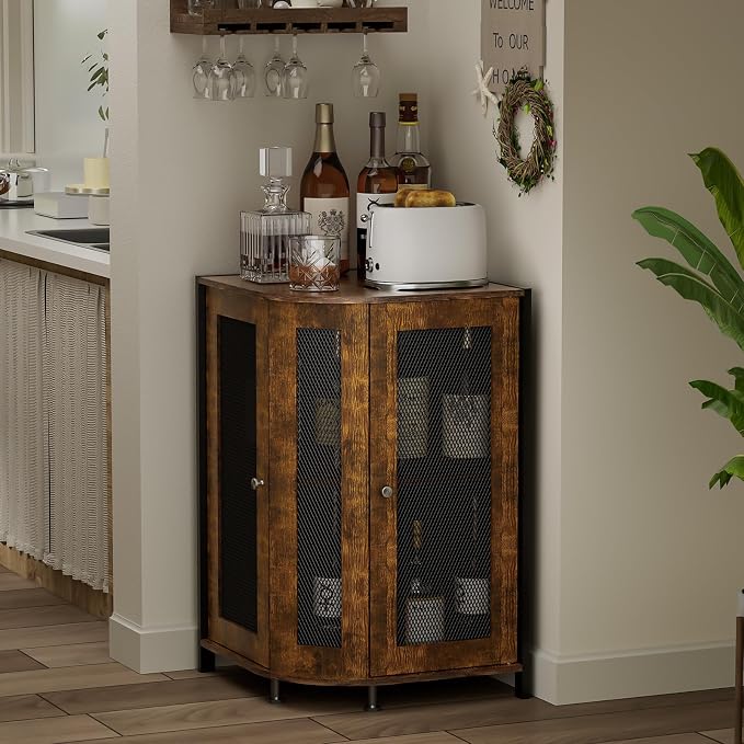 JKsmart 3-Tier Corner Bar Cabinet, Liquor Cabinet with Open Shelf & Door | Space-Saving Corner Design, Home Bar Display for Wine, Liquor & Coffee, Rustic Brown Wine Cabinet for Kitchen and Dining Room