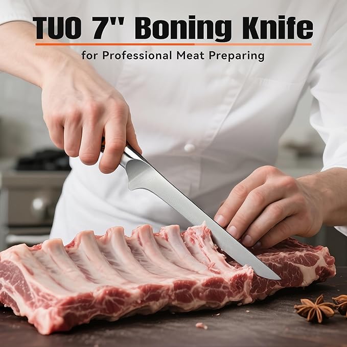 TUO Boning Knife, 7 inch Sharp Fillet Knife for Trimming Meat with Bones, Woodgrain Pakkawood Handle, High Carbon German Steel, Gift Box Included