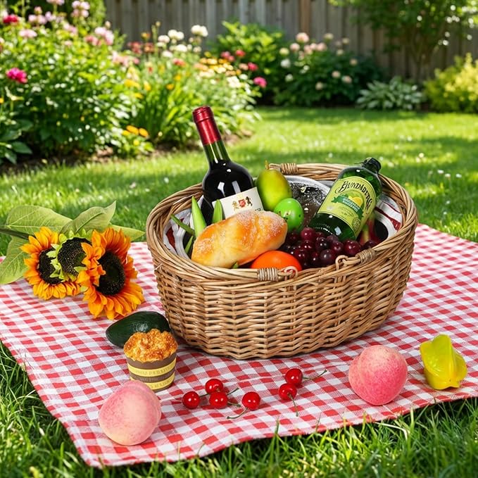 Wicker Picnic Basket 15"x11"x7" Insulated Liner Red White Stars | Insulated Zip Liner Helps Keep Drinks and Snacks Cool, Sturdy Woven Basket Suits Parks, Camping, Holidays and Gift Giving