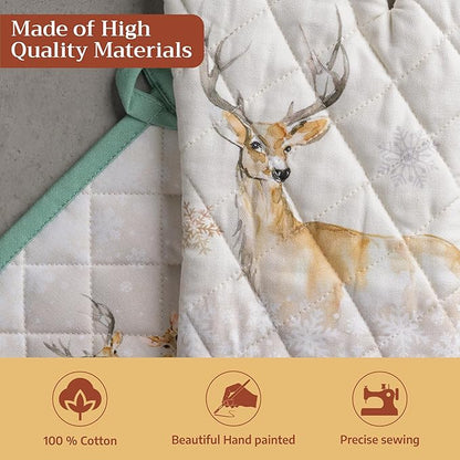 Maison d' Hermine 100% Cotton Oven Mitt & Pot Holder Set (7.5"x13" & 8"x8") Heat Resistant BBQ Cooking Gloves with Loop for Thanksgiving Christmas Decorations Handling Hot Pans (Deer in The Woods)