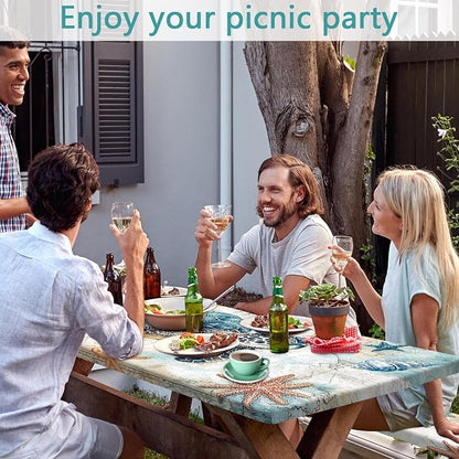Picnic Table Cover with Bench Covers 6FT, Camping Essentials, Nautical Sea Turtle Ocean Windproof Waterproof Picnic Table Cloth, Fitted Tablecloth with Elastic Edge for Indoor Outdoor 3PCS 30x96 Inch