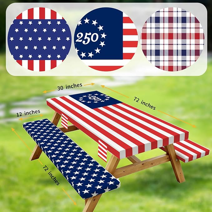 Fitted Picnic Table Cover with Bench Covers Elastic Waterproof Oil-Proof VintageTablecloths for 6 Foot Rectangle Tables Dining Outdoor Patio Camping Essentials (Blue Red Stripe, 6 Foot)