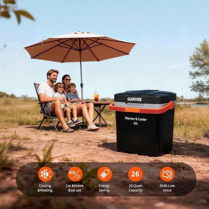Garvee 26 L Electric Cooler & Warmer, Portable Car Refrigerator with Auto-Lock Handle, 12V DC for Cars & Trucks, Equipped with 110V AC Household Power Cord, Plug-in Cooling Fridge, Black&Orange