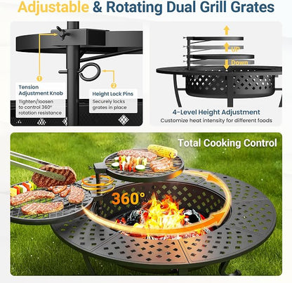 3 in 1 43" Large Fire Pit for Outside Wood Burning with 2 Adjustable Grills | Outdoor Fireplace with Lid and Fire Poker, Firepit with BBQ & Bonfire & Round Metal Table for Patio, Backyard, Deck, Yard