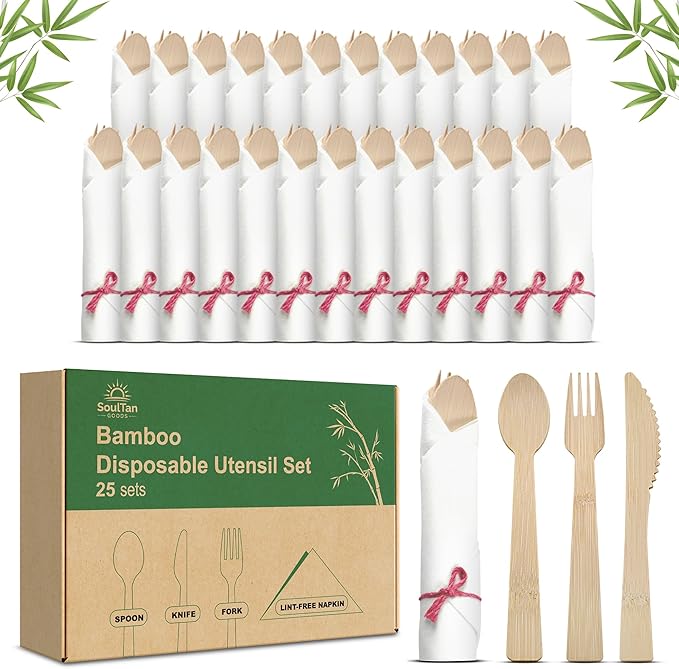 Prerolled Disposable Bamboo Cutlery Set – 25 Pack Pre Wrapped Silverware and Napkin Bundle with Forks, Knives, Spoons for Parties, Weddings, Events, and BBQ (Pink String)