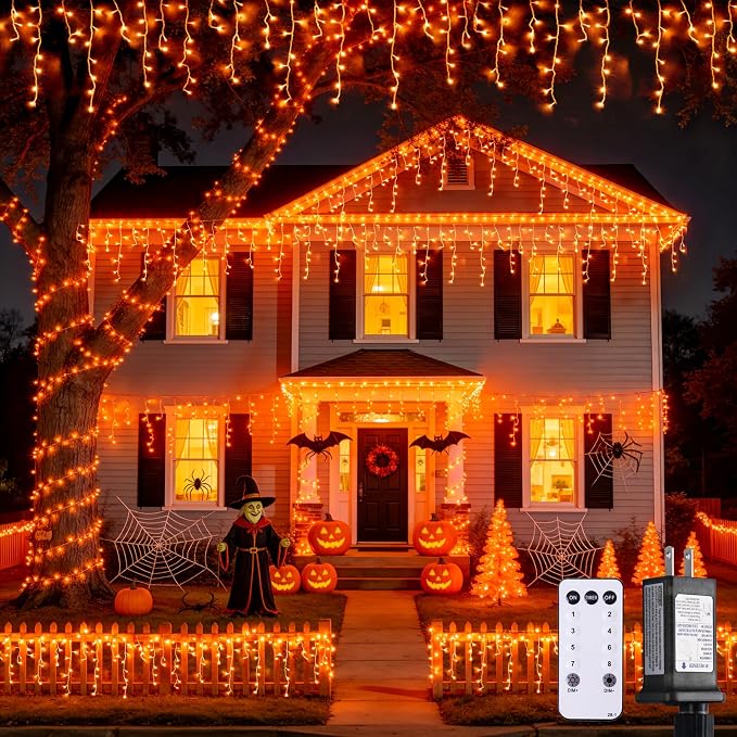 JMEXSUSS Orange Halloween Icicle Lights Outdoor, 800 LED Plug in | Waterproof, 8 Modes, Remote Control String Lights for Fireplace Eave Garden Patio Thanksgiving Fall Halloween Decor