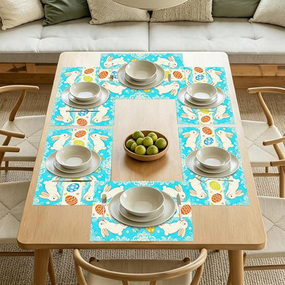 Nuxovilar Tablerunner and Placemats Set of 7 Blue Pattern Easter Bunny & Egg Design Linen Square Placemats for Dining Dining Sets and Accessories Easter Party, Family Meal, Kids