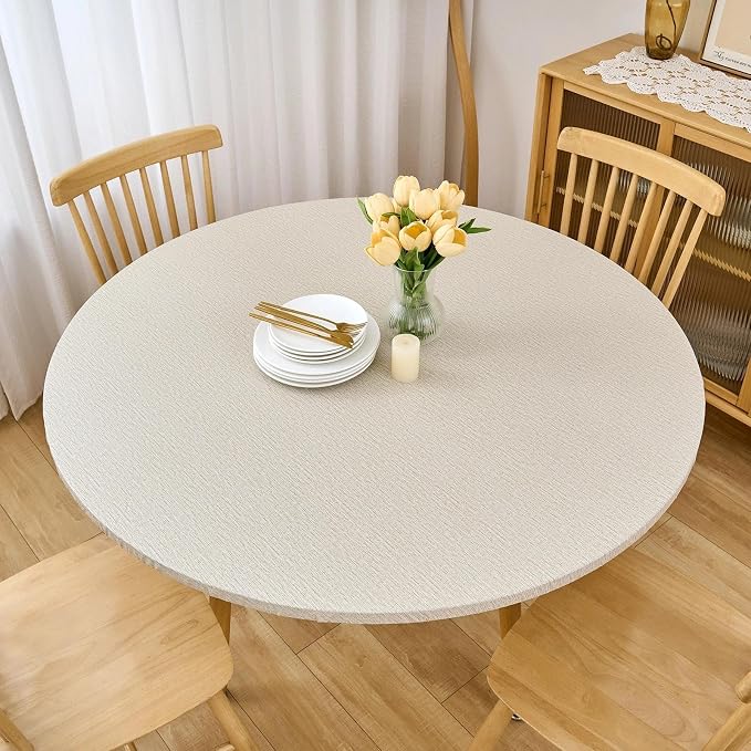 LIBERECOO Round Vinyl Fitted Tablecloth with Flannel Backing Elastic Edge Table Cover Waterproof Stain-Resistant Wipeable Tablecloths Fits 45-56 Inch Round Tables