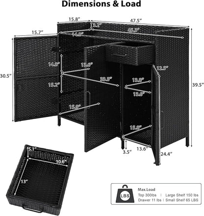RUNNA Wicker Outdoor Storage Cabinet with Tempered Glass Desktop, Weather-Proof Rattan Bar Table with Three Doors, Adjustable Shelf, and One Drawer, for Outdoor Cushions, Pool Toys (Black Brown@045)
