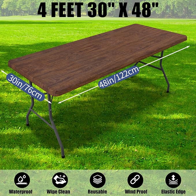 Smiry 2 Pack Rectangle Table Cloth 4 Foot, Waterproof Elastic Fitted Tablecloths, Windproof Washable Polyester Table Cover for Picnic, Camping, Outdoor (Brown, 30"x48")