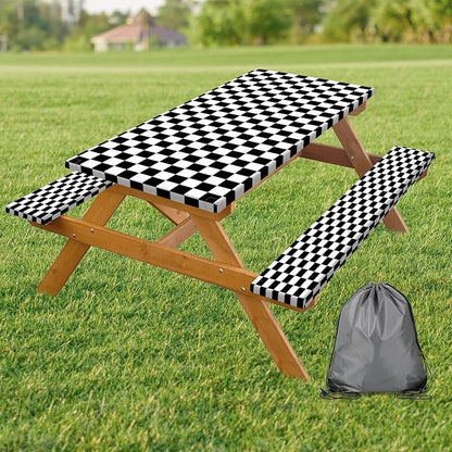 Picnic Table Cover with Bench Covers and Bag, Black and White Checkered Buffalo Plaid Camping Tablecloth Waterproof Windproof Elastic Edges Fitted Gingham Tablecloth for Outdoor Garden 3PCS 30x96 Inch