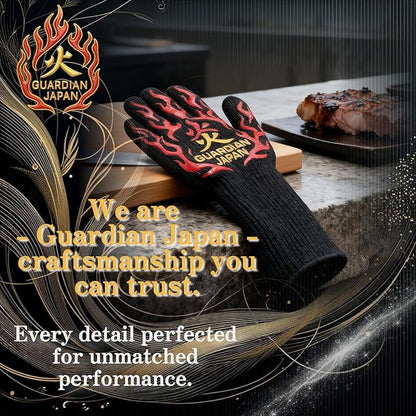 Premium Heat Resistant BBQ Gloves – Fireproof 1472°F Aramid Grill Mitts for Barbecue, Smoker, Campfire, Fire Pit, Oven, Japanese Supervised Design (炎-HONO-Red, M)