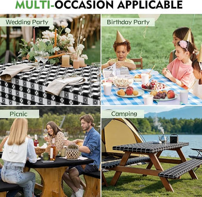 Picnic Table Cover with Bench Covers, Waterproof Tablecloth Set, Blue Grid | Fitted 6ft Tables, for Outdoor Camping, RV, Includes 1 Table Cover(30"x72"), 2 Bench Covers(72"x12"), Drawstring Storage Bag