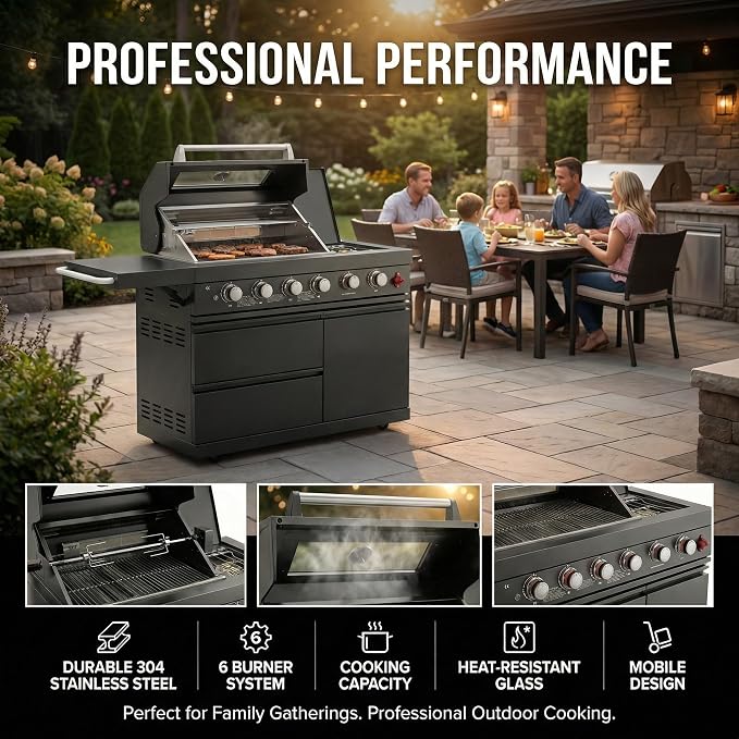 46" Stainless Steel Outdoor Kitchen BBQ Island Grill with LPG Black | Stainless Steel Outdoor Kitchen Island, 6-Burner 75300 BTU Propane Gas BBQ Grill