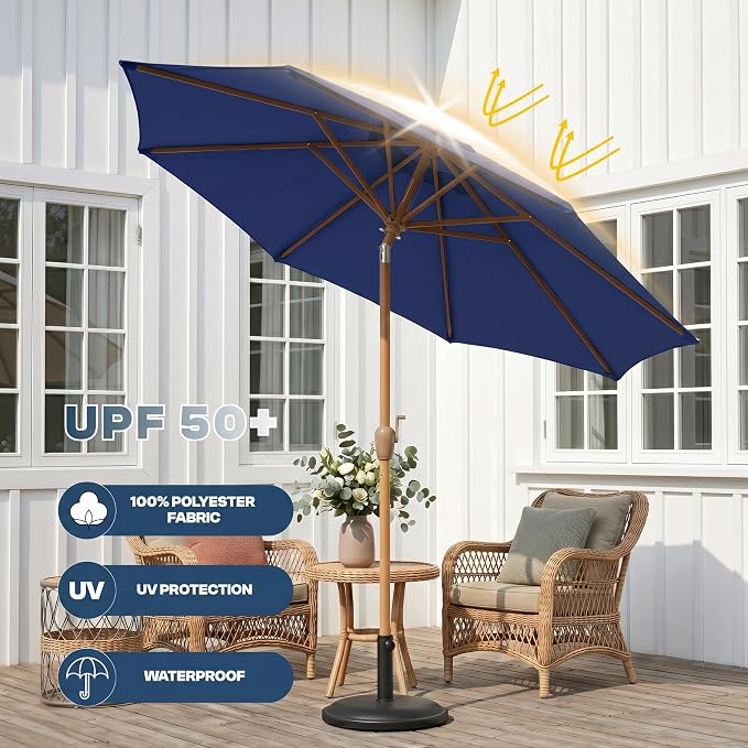 9ft Outdoor Patio Umbrella, Market Table Umbrella with Crank and Easy Push Button Tilt, Wood Grain Frame, UPF 50+ for Pool, Garden, Deck, Backyard
