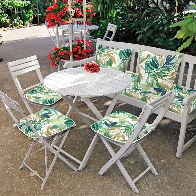 DYTXIII Set of 4 Outdoor Chair Cushions with Ties,Water Repellent Patio Chair Pads 17"x 16" for Outdoor Furniture,Round Corner Seat Cushions for Garden Yard Kitchen Lush Leaf Green