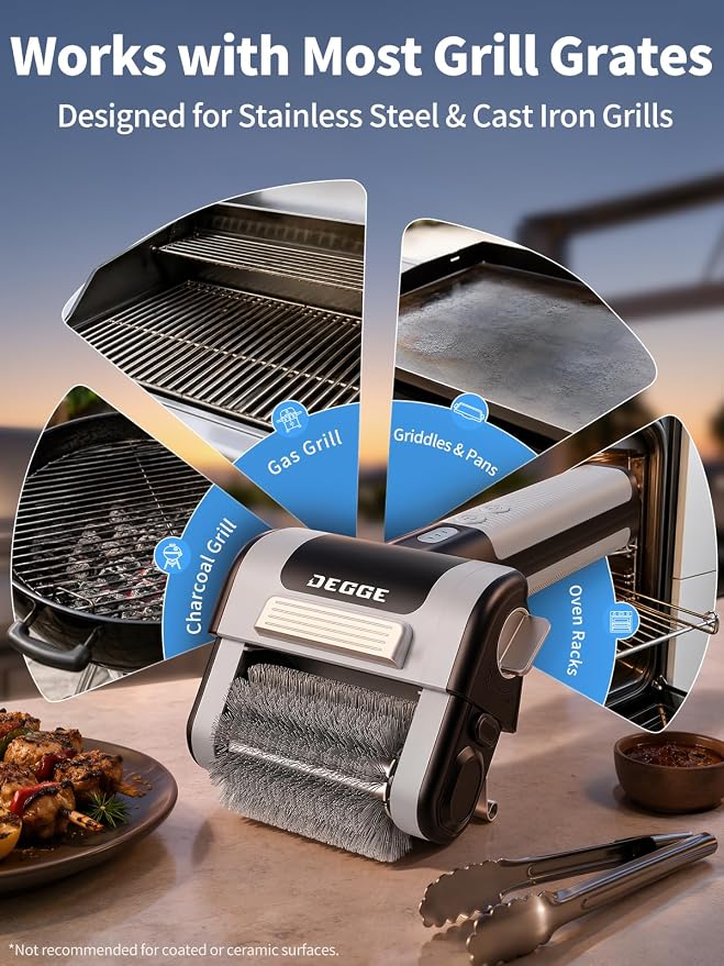 DEGGE Electric Grill Brush, Cordless BBQ Grill Cleaner with 4500mAh Battery | 800RPM High-Torque Motor, Built-in LED Light, 304 Stainless Steel Roller Brush for Uncoated Gas & Charcoal Grills