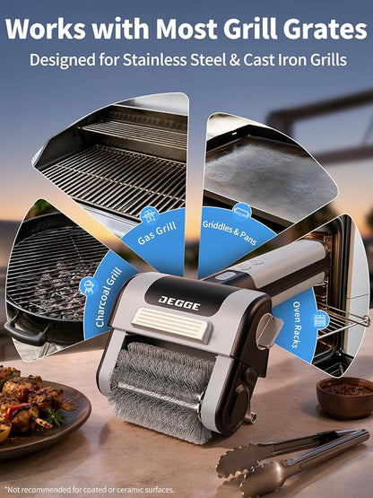 DEGGE Electric Grill Brush, Cordless BBQ Grill Cleaner with 4500mAh Battery | 800RPM High-Torque Motor, Built-in LED Light, 304 Stainless Steel Roller Brush for Uncoated Gas & Charcoal Grills