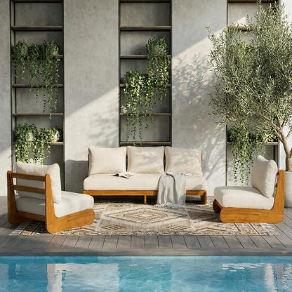 Merax 3 Piece Patio Outdoor Furniture Set, All-Weather Acacia Wood 3-Seater Daybed Sofa, 2 Chaise Lounge Chairs with Thick Cushions for Porch, Lawn, Backyard, Balcony, Beige +Teak