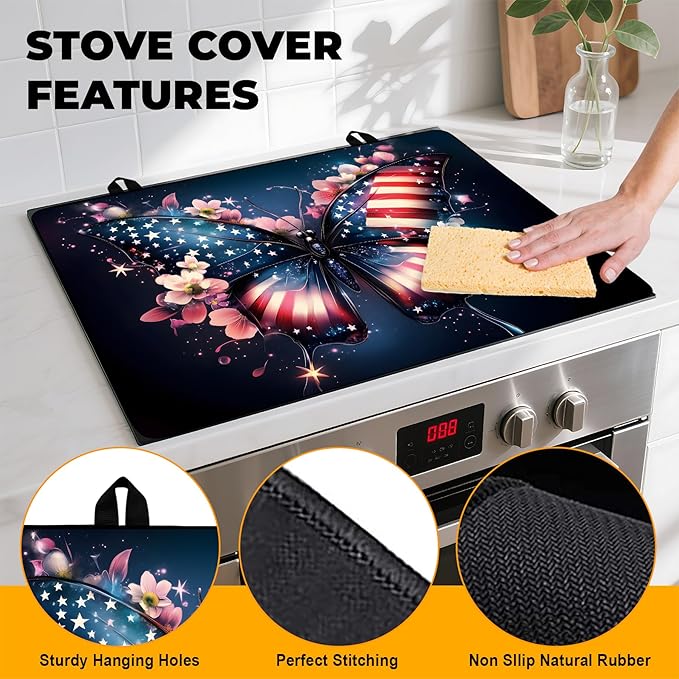 Patriotic Stove Top Cover, Heat Resistant Electric Stove Protector Mat, Large Diatomite Kitchen Counter Mat, Independence Day Decor American Flag Kitchen Accessory (butterfly-2, 28x20 Inch)