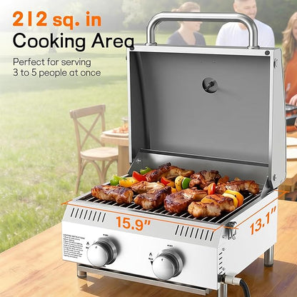 Veralune 2 Burner Tabletop Gas Grill, 22,000 BTUs Stainless Steel Portable Propane Grill with Legs, Built-in Thermometer, Travel Locks for Tailgating, Outdoor, Camping, RV Trips