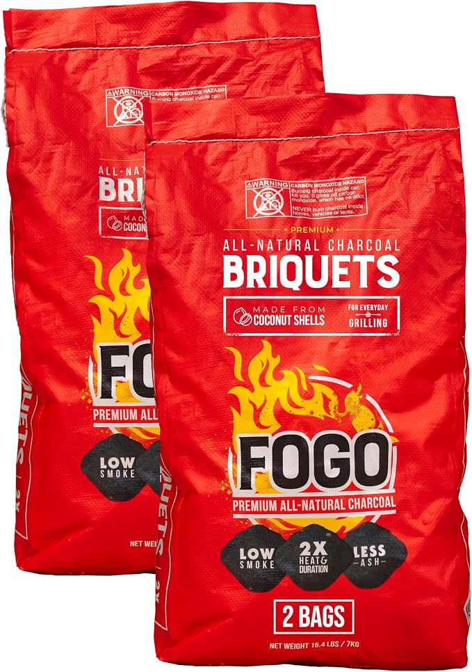 FOGO Coco Briquets All-Natural Charcoal Made from Coconut Shells, Long-Lasting Clean Burning BBQ Fuel for Grilling and Smoking, 15 lb Bag, 2-Pack
