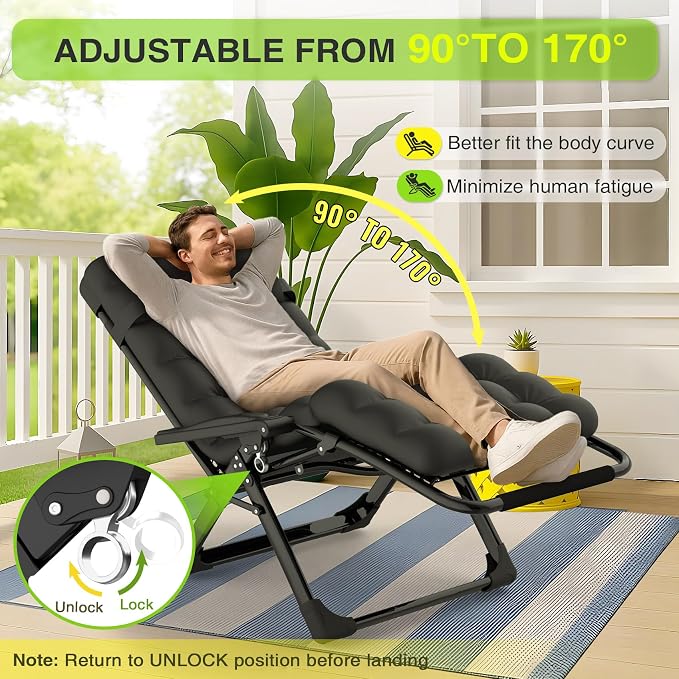 Suteck Zero Gravity Chair, Reclining Camping Chairs w/Removable Cushion | Anti Gravity Recliner Lounge Chair with Aluminum Alloy Lock & Cup Holder, 90-170° Adjustable, for Lawn Patio Indoor