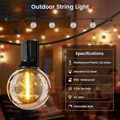 OHLUX Outdoor String Lights, 180FT LED Patio Lights with 82 Dimmable Plastic G40 Globe Bulbs 2 Spares, 2200K Waterproof Connectable Hanging Lights for Backyard Porch Cafe Party Decor E12 Socket