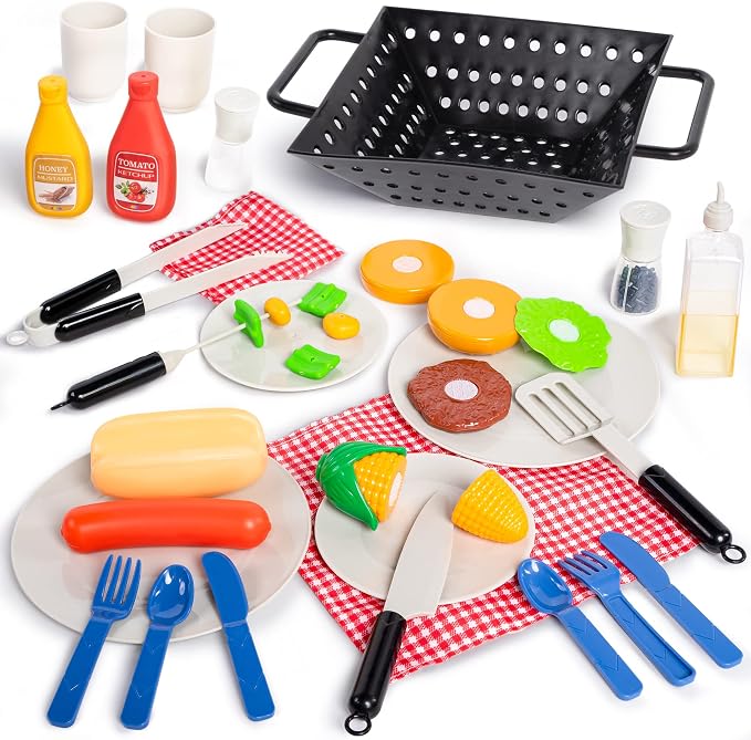 JOYIN Kitchen Toy Set, BBQ Play Grill, Cooking Toy Set, Little Chef Play, Kids Grill Playset Interactive BBQ for Kids with Light & Sound, Birthday Gift for 3 4 Year Old Boys Girls Outdoor Toys