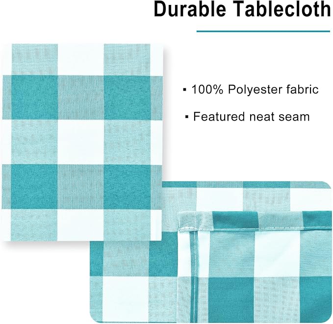Hiasan Checkered Tablecloth Rectangle - Waterproof and Wrinkle Resistant Table Cloth for Picnic, Dinner and Party, Washable Polyester Fabric, 54 x 80 Inch, Turquoise and White Gingham Pattern