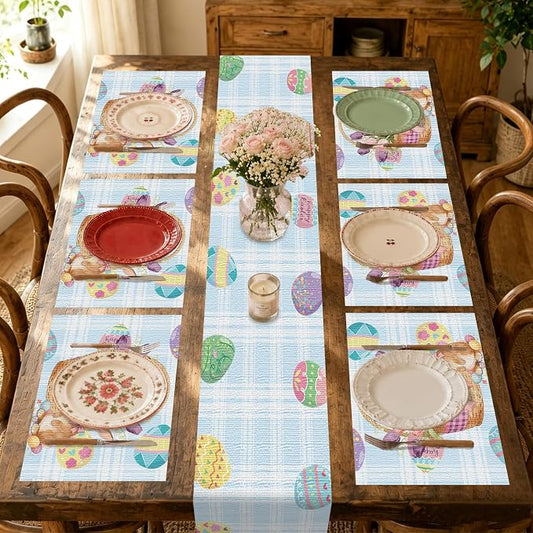 Nuxovilar Tablerunner and Placemats Set of 7 Easter-Themed with Bunny & Egg Patterns Linen Square Placemats for Dining Dining Sets and Accessories Kitchen, Table, Easter Gatherings