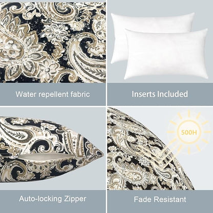 LVTXIII Outdoor/Indoor Lumbar Pillows, Decorative Patio Lumbar Cushions, Fluffy Fade Resistant Throw Pillow Cushions for Home Patio Coach Sofa, 12×20 Inch, Pack of 2, Paisley Black