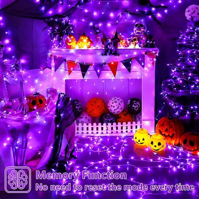 YEGUO 66ft 200 LED Halloween Lights Outdoor Waterproof, Purple String Lights Indoor Plug in, 8 Modes Clear Wire Purple Lights for Halloween Holiday Home Tree Garden Patio Decor