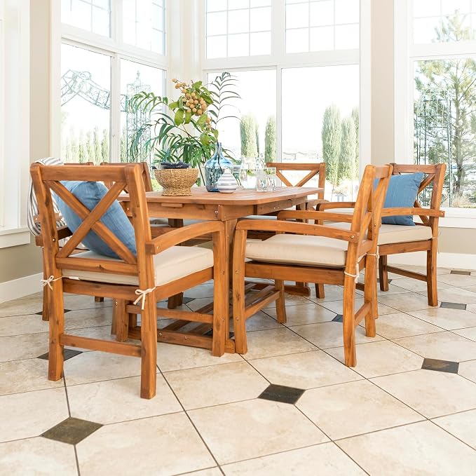 Walker Edison Maui Classic 7 Piece Acacia Wood Outdoor Dining Set with X Back Chairs, Set of 7, Brown