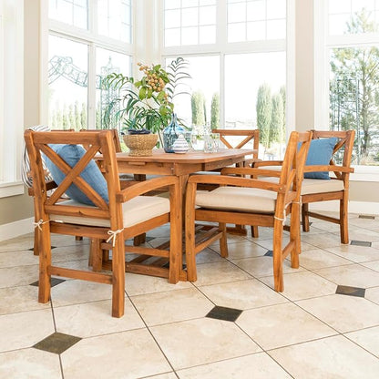 Walker Edison Maui Classic 7 Piece Acacia Wood Outdoor Dining Set with X Back Chairs, Set of 7, Brown