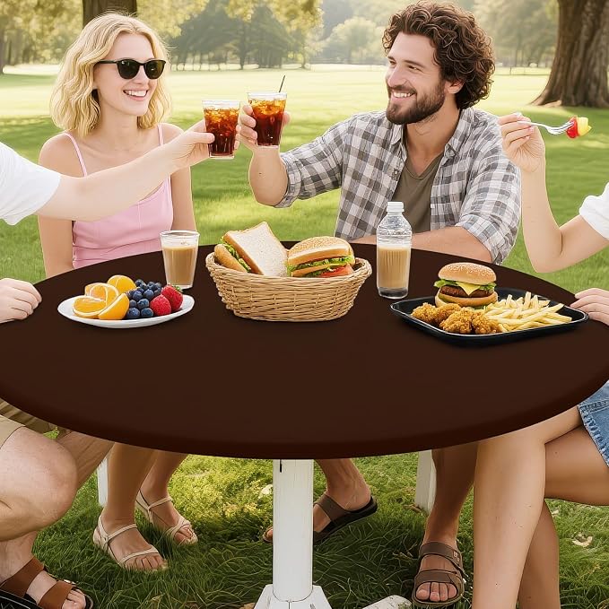 Smiry Round Spandex Tablecloth, Elastic Fitted Washable Tablecloths for 45"-56" Tables, Waterpoof Stretch Picnic Table Cover for Dining, Indoor and Outdoor, Coffee