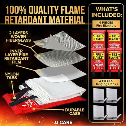 JJ CARE Fire Blanket – 40"x40" 4 Packs with Hooks – Emergency Fire Blanket for Home & Kitchen, High Heat Resistant Fire Suppression Blankets for Home Safety, Kitchen, and Camping