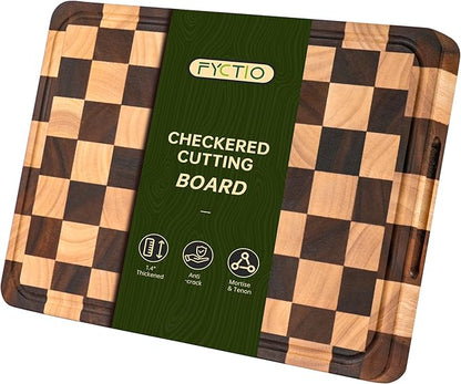 Checkered Cutting Boards for Kitchen, 1.4“ Thickened Wooden Chopping Board with Juice Grooves & Handles, Butcher Block for Meat, Vegetables and Fruits with Gift Box, 16" x 11"×1.4"