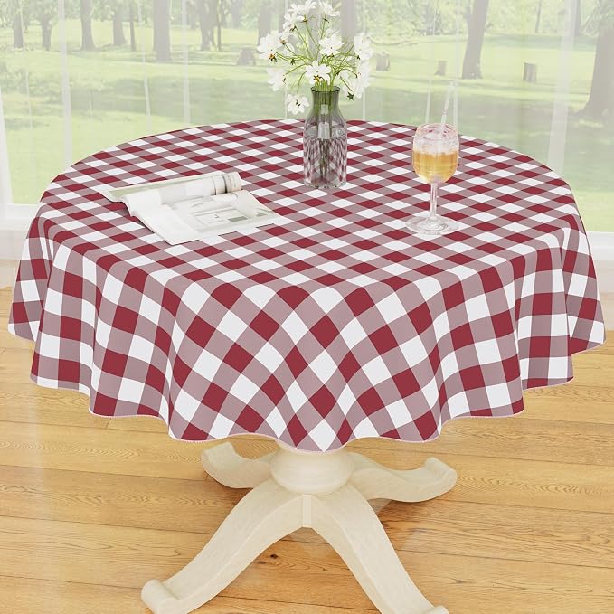 Smiry Picnic Table Cloth, Vinyl Tablecloths with Flannel Backing, 60" Round | Waterproof Picnic Table Cloth, Wipeable Buffalo Plaid Table Cover for Indoor and Outdoor (Burgundy & White)