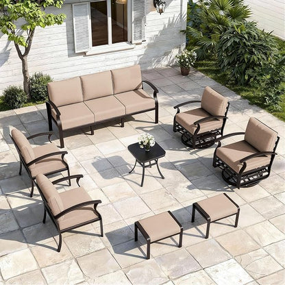 ALAULM Aluminum Patio Furniture Set with 2 Swivel Chairs 9-seat Metal Outdoor Furniture Patio Sectional Sofas Patio Conversation Set w/2 Ottomans for Patio, Backyard, Poolside-Sand